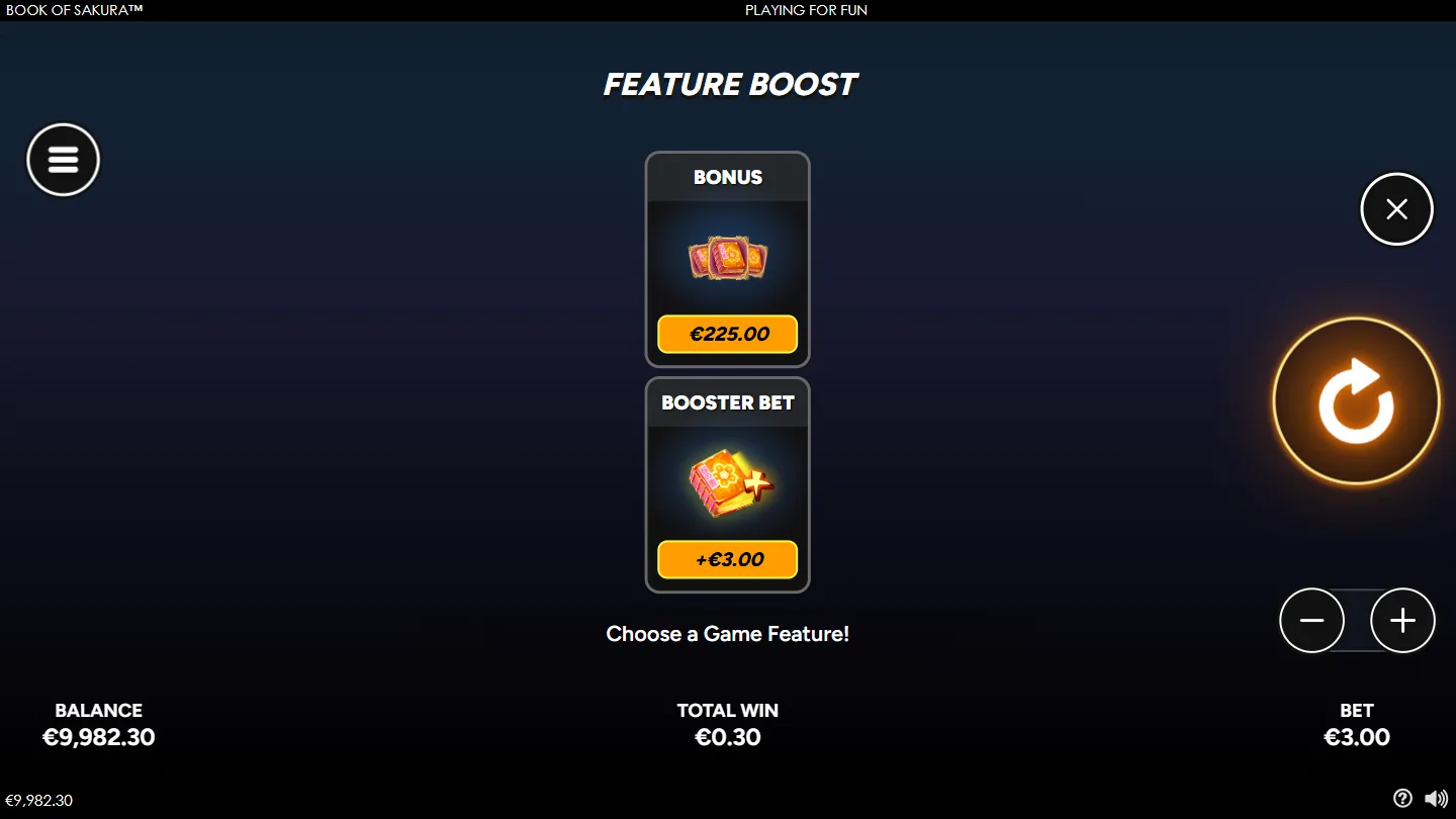 The Book of Sakura Feature Boost menu showing the bonus purchase and the Booster Bet option