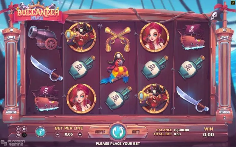 Buccaneer Deluxe base game: the 5x3 grid on a ship's deck with 10 LINES panels on both sides
