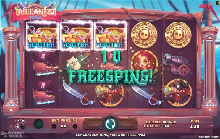 Buccaneer Deluxe bonus trigger: three treasure chest scatters with the 10 FREESPINS banner