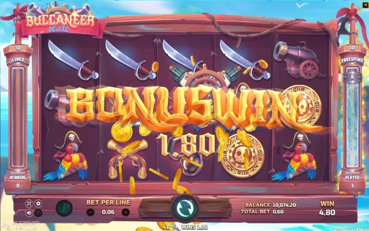 Buccaneer Deluxe free spins: the shackles Bonus symbol repeating a win with the freespins counter running