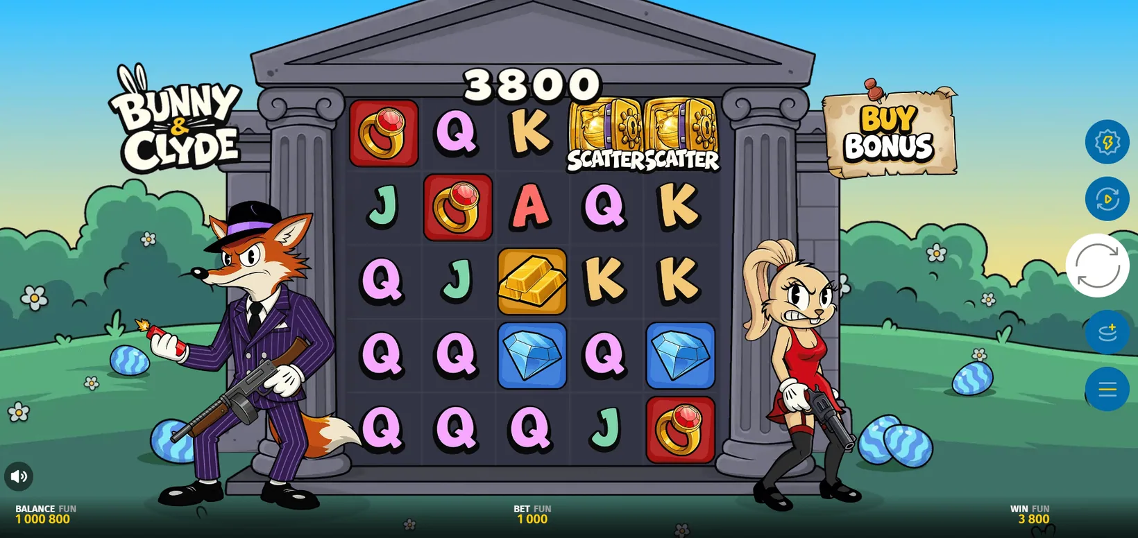Bunny and Clyde base game grid with two gold scatter safes on the top row