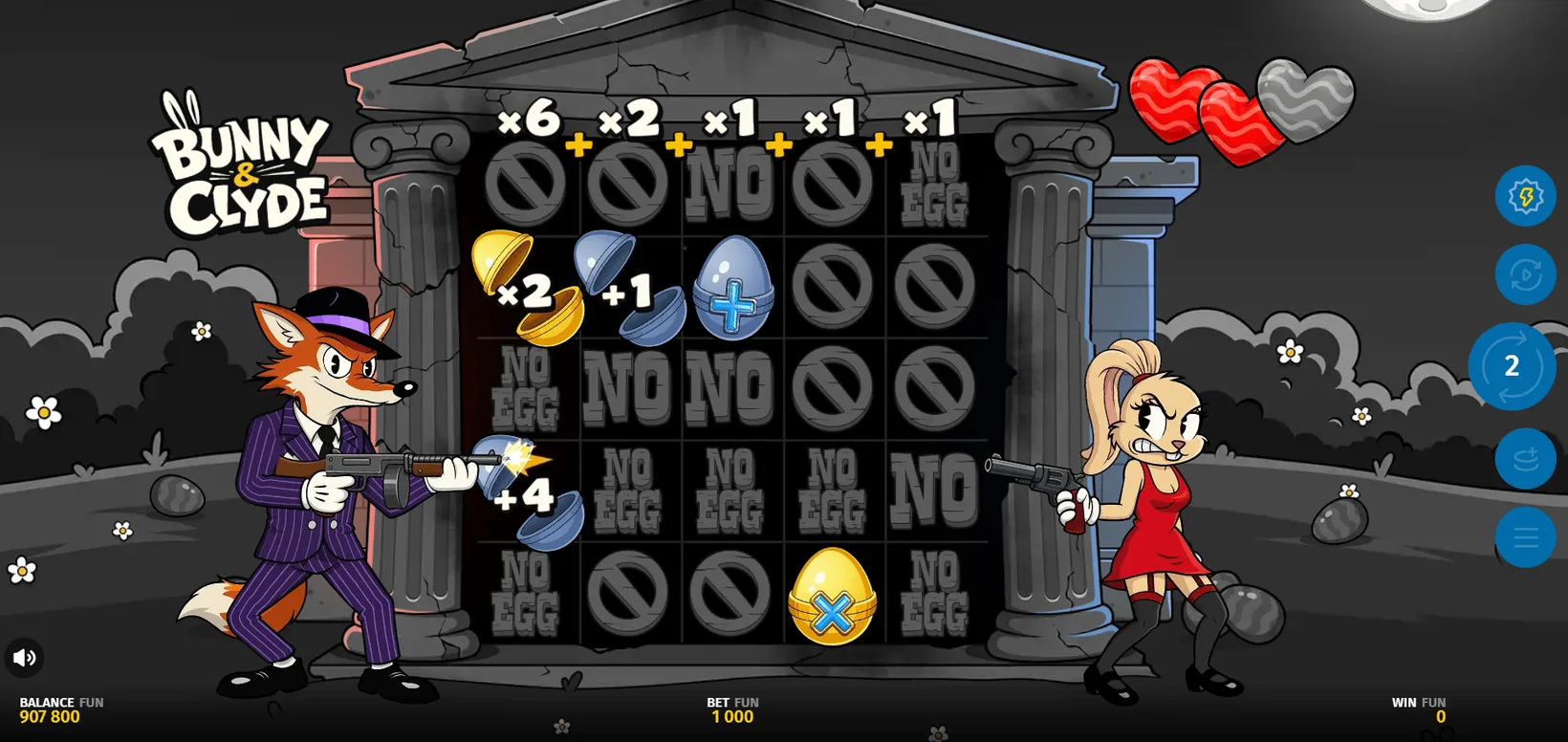 Bunny and Clyde bonus game with per-reel multipliers and silver and golden boosters
