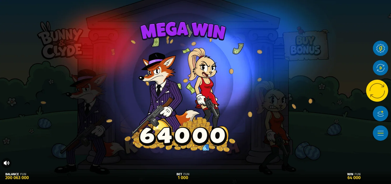 Bunny and Clyde big win screen with the fox and the bunny on a pile of gold