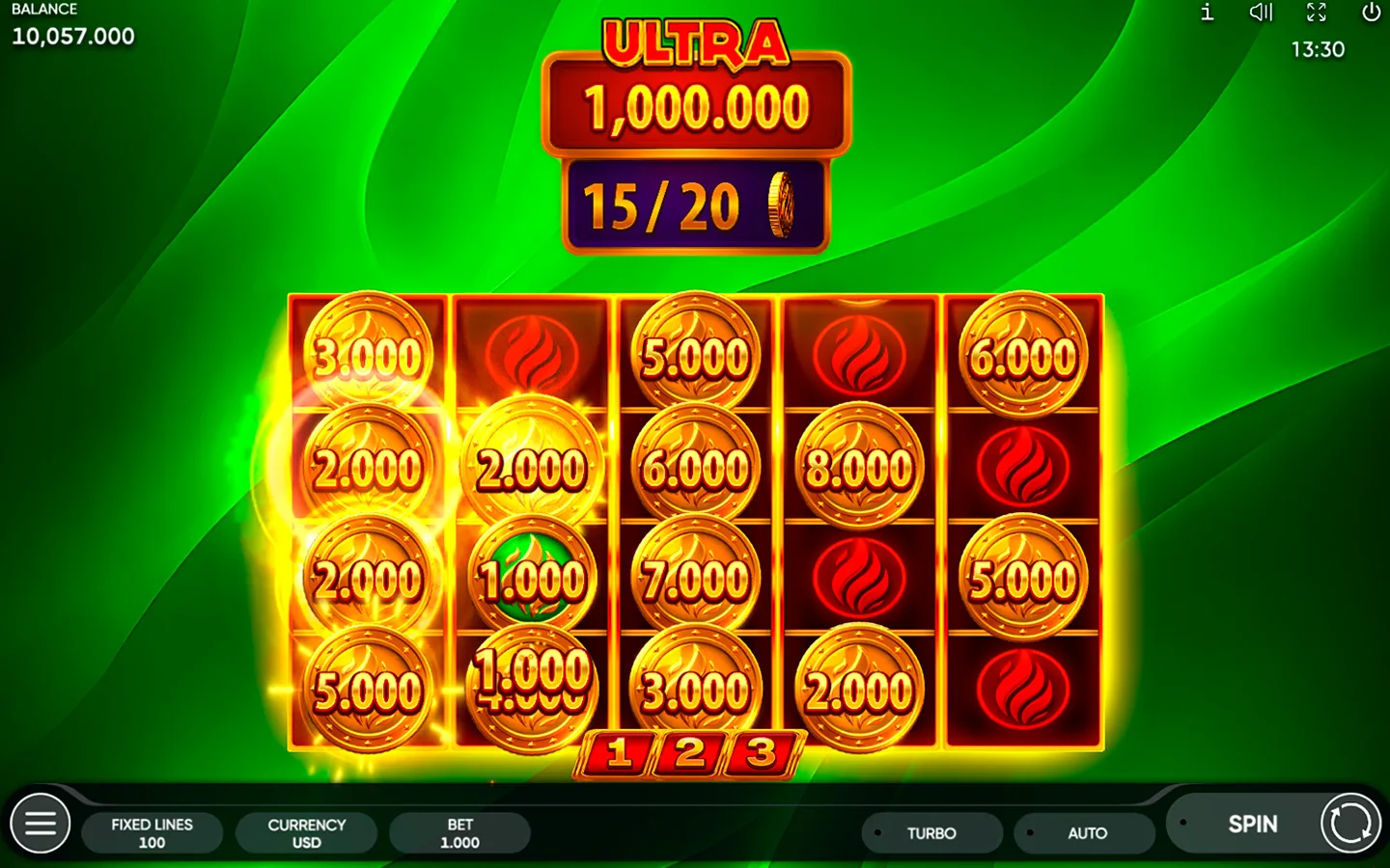 Burning Coins 100 Hot Hold bonus field with fifteen of twenty positions filled and the ULTRA panel above the grid