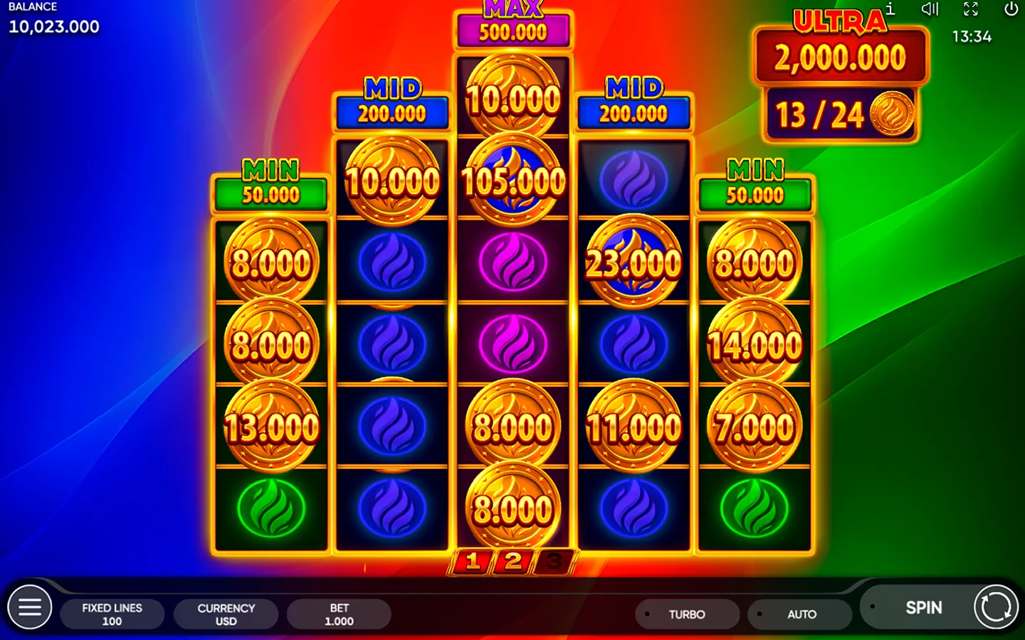 Burning Coins 100 Extended bonus with MIN, MID and MAX column panels and the ULTRA jackpot counter