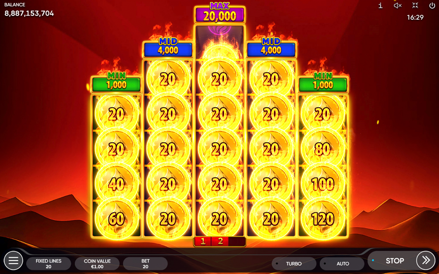 Burning Coins 20 reels showing fiery fruit and coin symbols