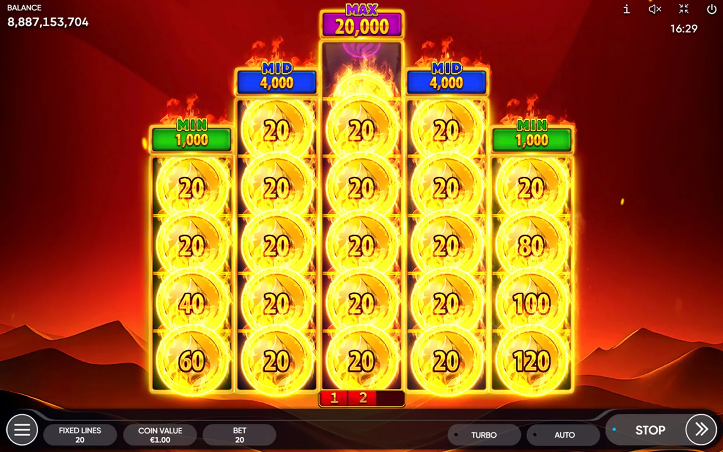 Burning Coins 20 reels showing fiery fruit and coin symbols