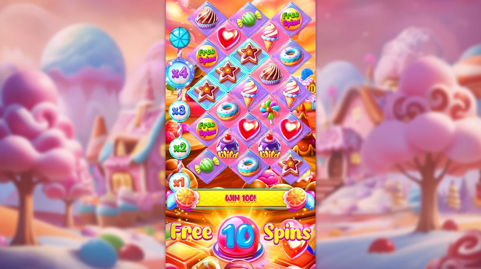 Candy Land diamond board with three Free Spins symbols and the lollipop multiplier ladder