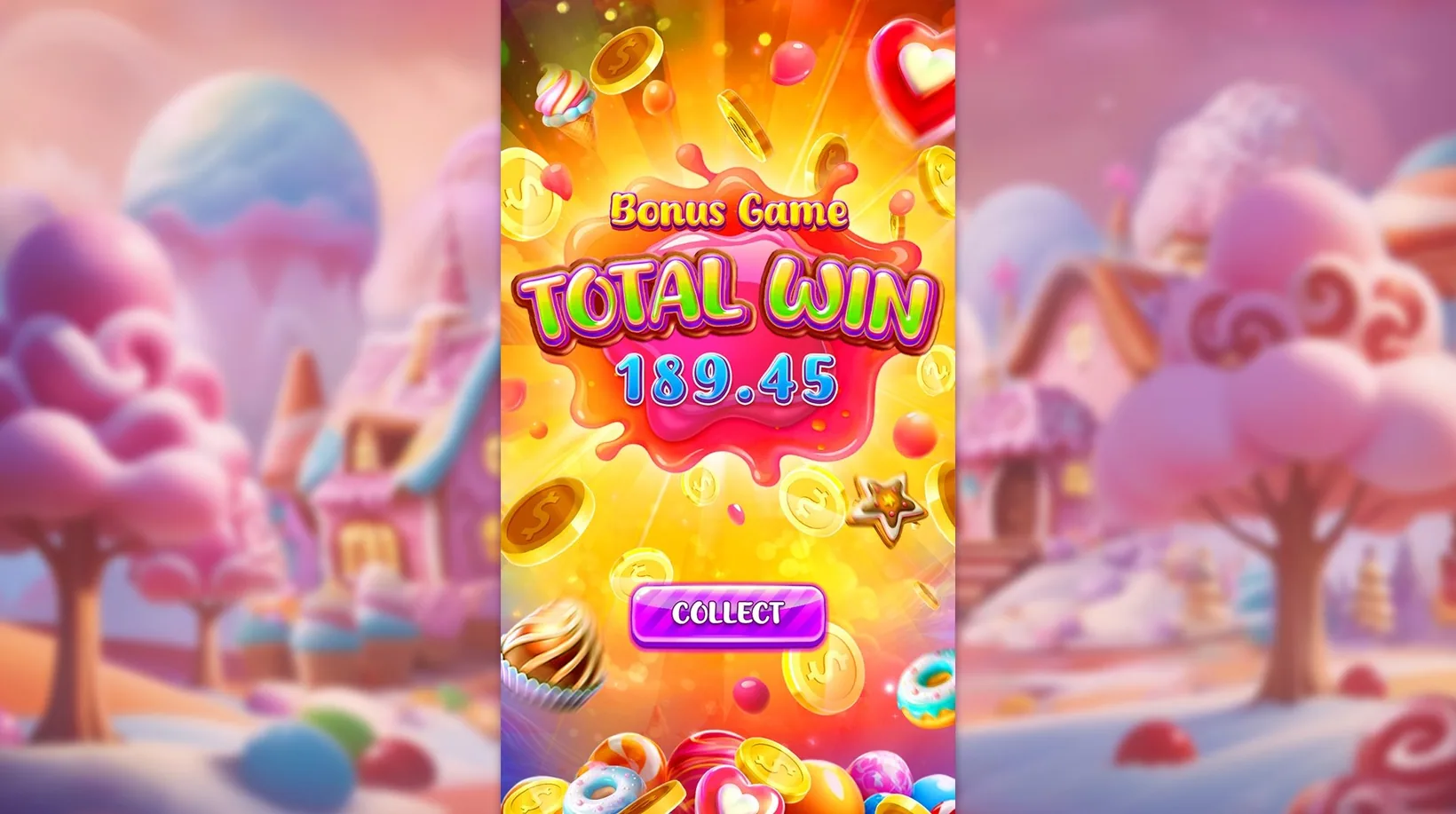 Candy Land bonus round total win screen with flying gold coins