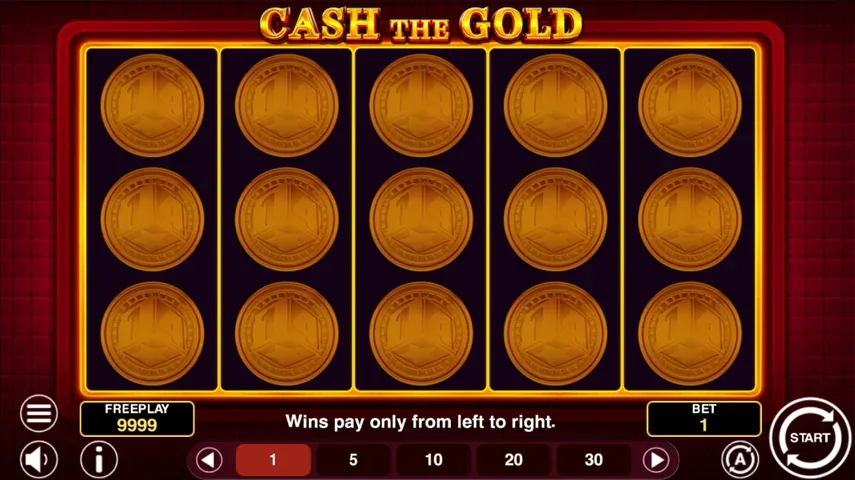 Cash The Gold in play, the five-by-three grid filled with golden coins in a red velvet cabinet