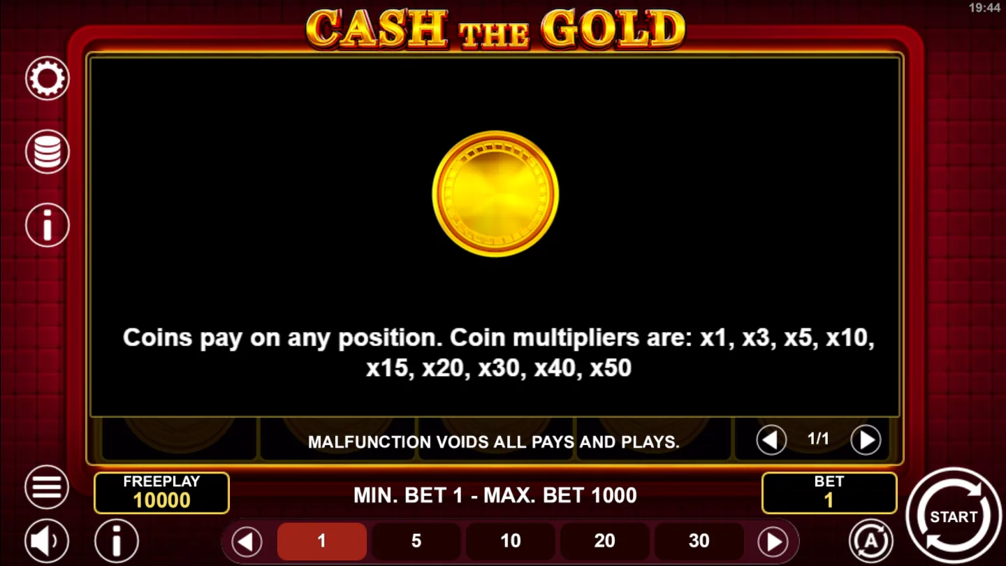 The Cash The Gold help screen listing the coin multipliers, x1 through x50 of the total bet