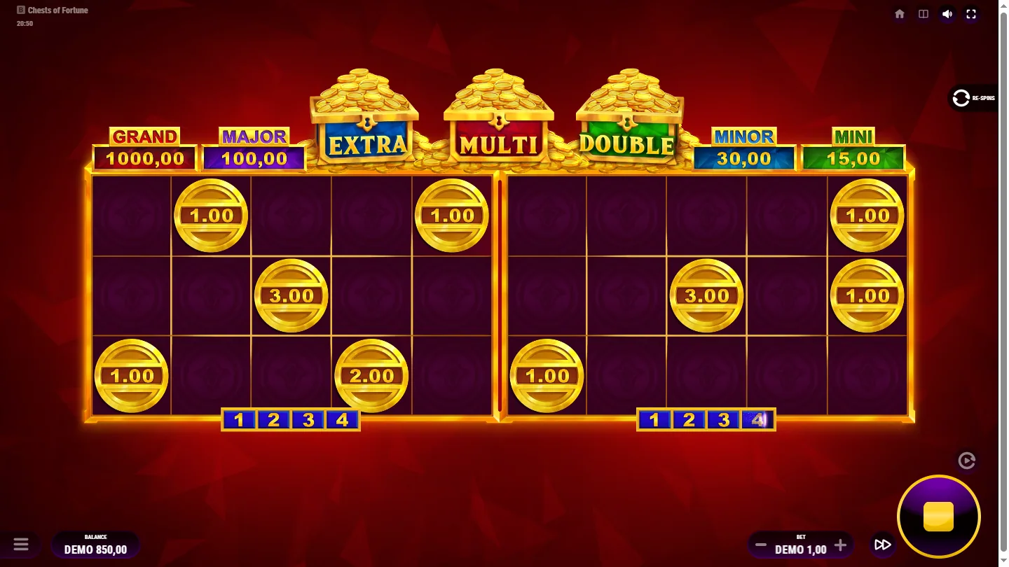 Chests of Fortune bonus round with the DOUBLE feature running two gamefields under the jackpot panels
