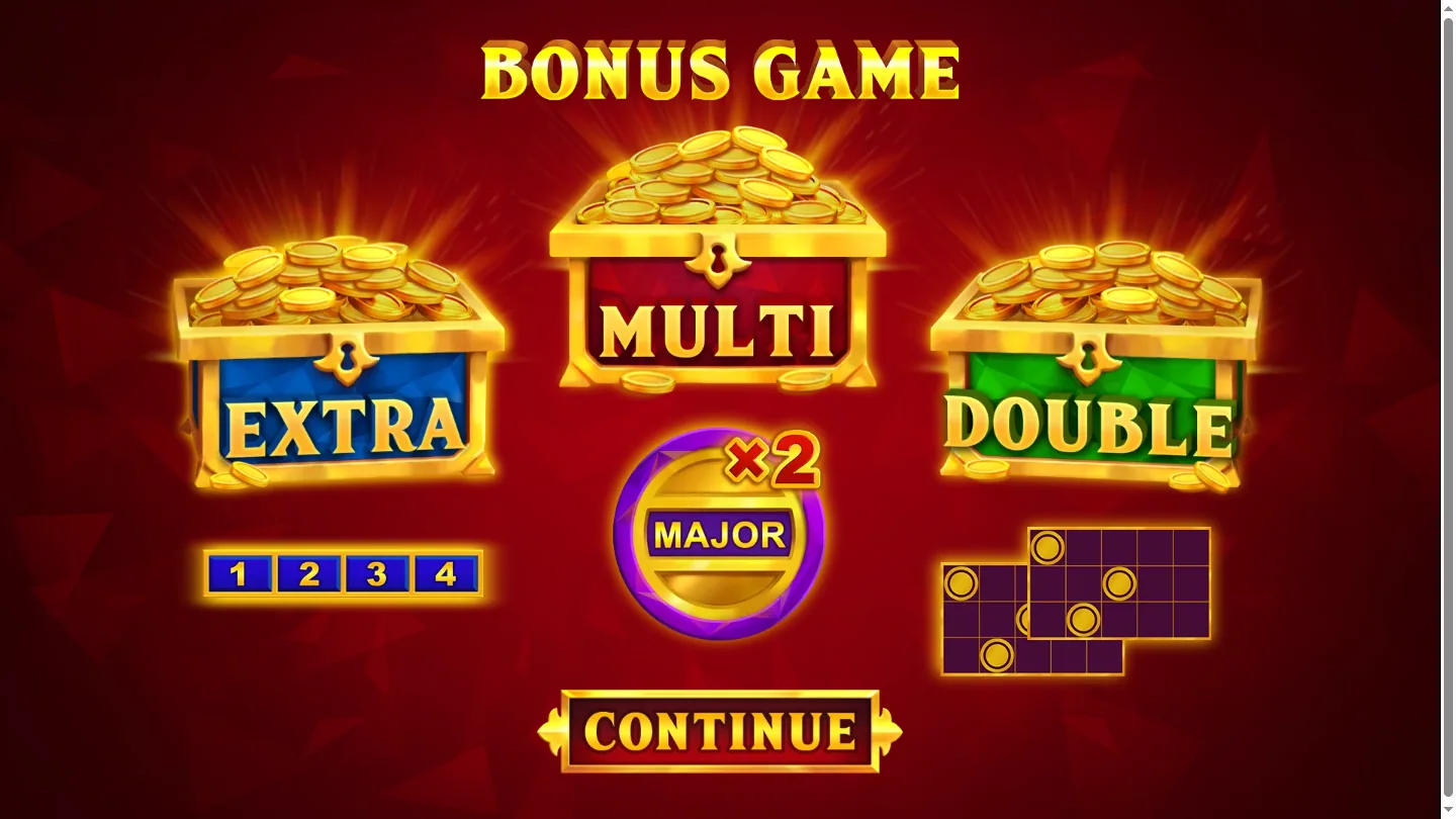Chests of Fortune Bonus Game screen introducing the EXTRA, MULTI and DOUBLE chests