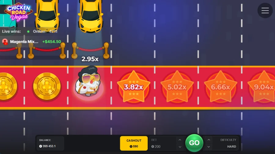 Chicken Road Vegas cash-out screen with the rising multiplier trail