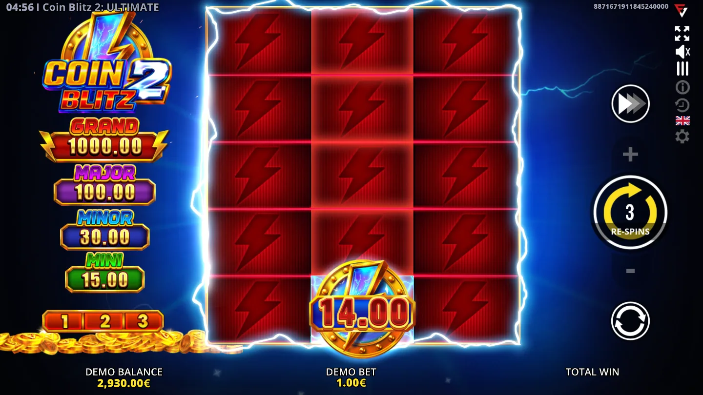 Coin Blitz 2: Ultimate Running Wins in play, three reels of five rows inside a lightning frame with a gold coin holding 14.00 and four prize meters down the left