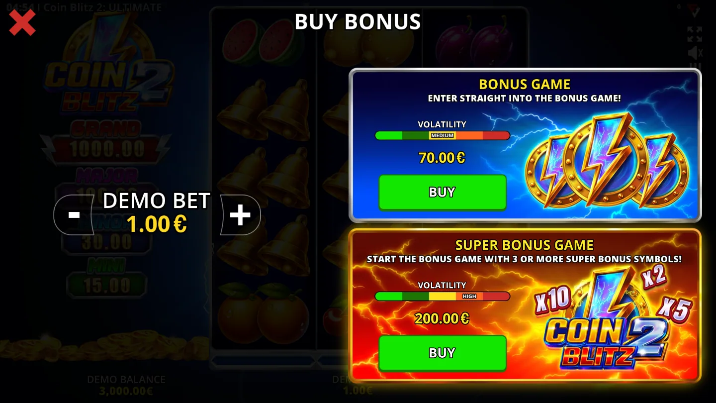 The Buy Bonus menu offering the Bonus Game at 70.00 and the Super Bonus Game at 200.00, each with its own volatility rating