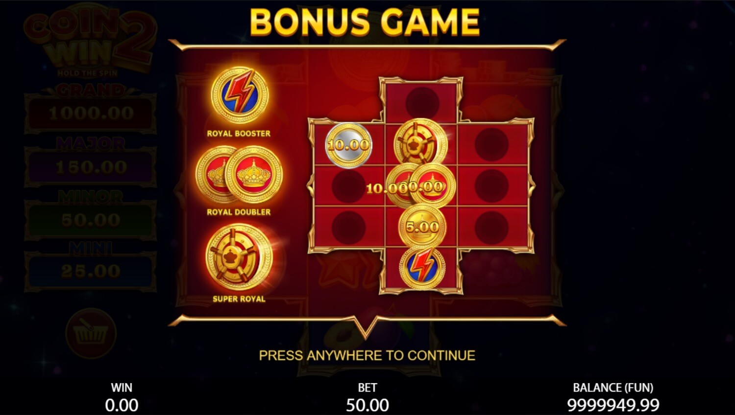 Coin Win: Hold The Spin jackpot ladder and coin win screen