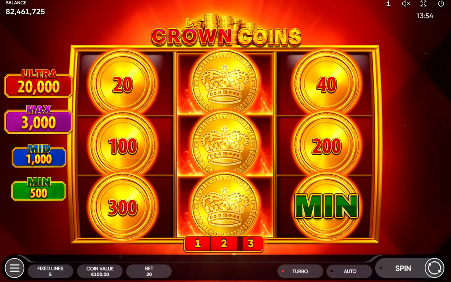 Crown Coins Royal Treasury bonus round with Gold Coins on the outer reels and crowned Royal Coins filling the middle column