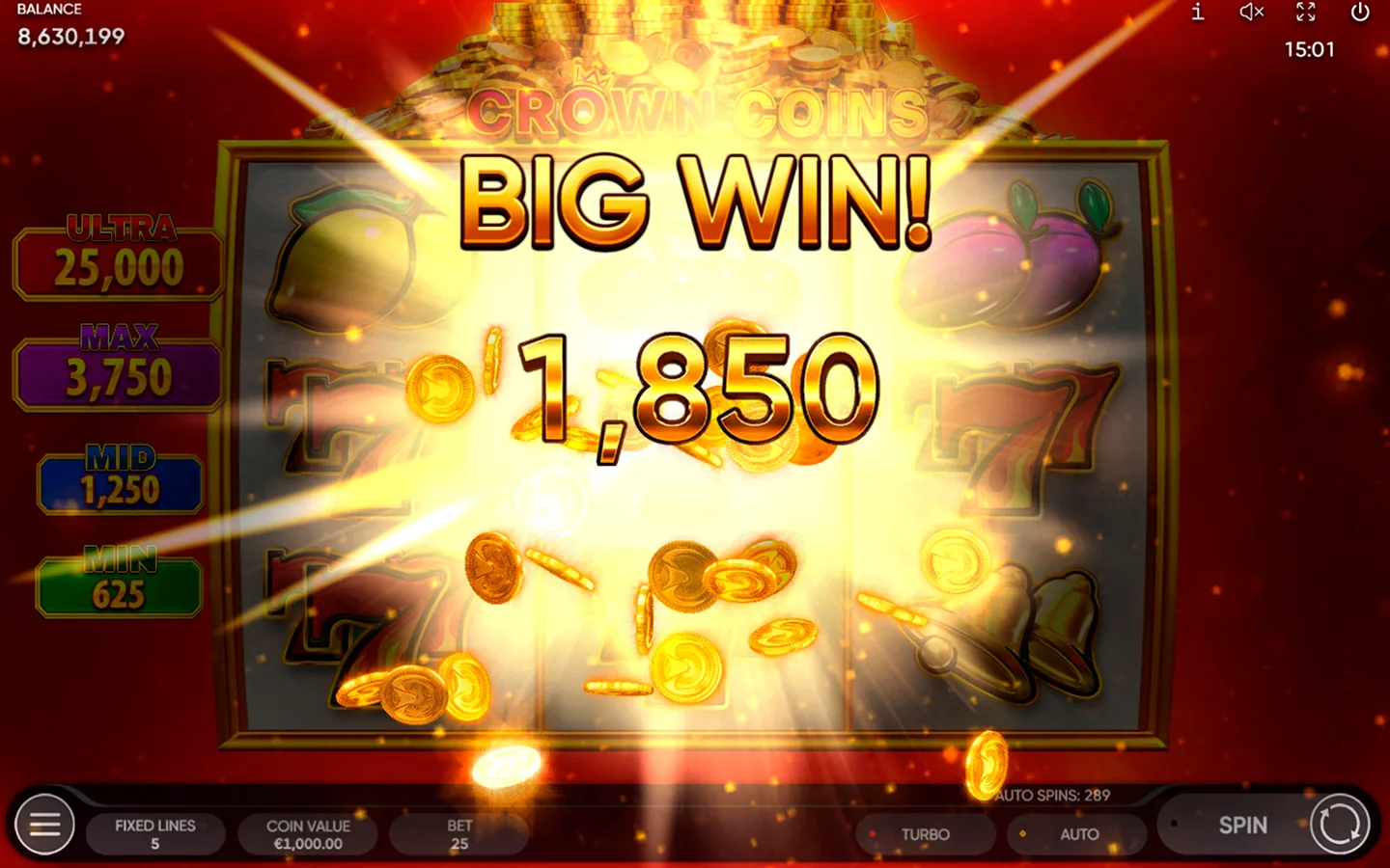 Crown Coins big win on the base game reels with the MIN, MID, MAX and ULTRA jackpot panels on the left