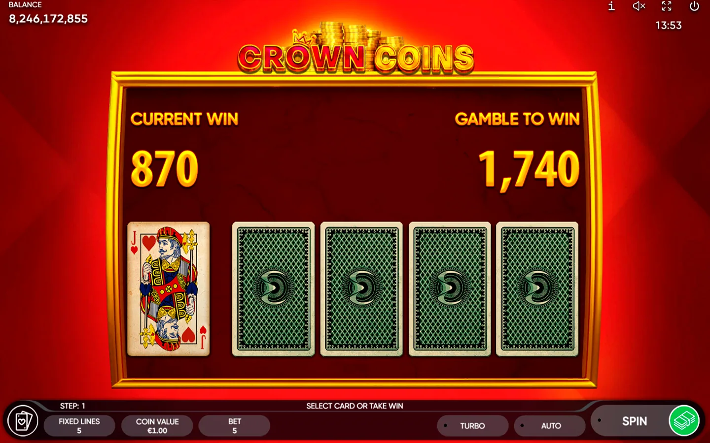 Crown Coins Risk Game card screen showing the dealer's jack and four face-down cards