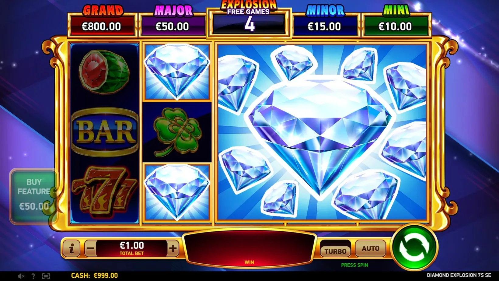 Explosion Free Games respin round in Diamond Explosion 7s SE with a merged diamond block