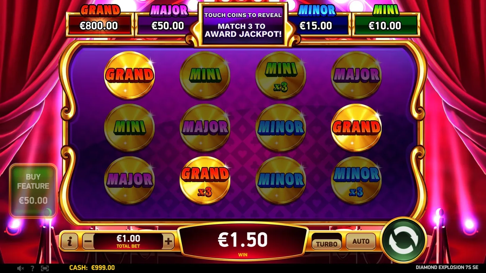 Jackpot Pick Deluxe coin screen in Diamond Explosion 7s SE with GRAND, MAJOR, MINOR and MINI coins