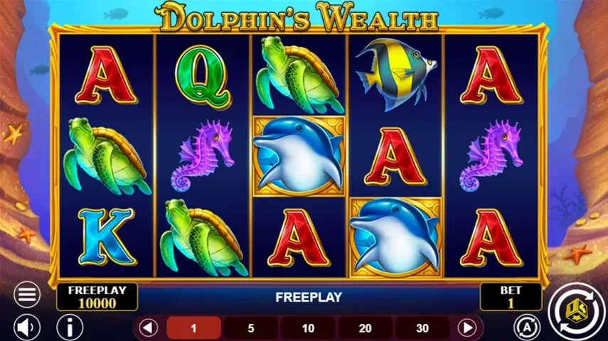 The Dolphin's Wealth bonus rules screen listing 10, 15 and 25 Bonus Spins for three, four and five scatter symbols