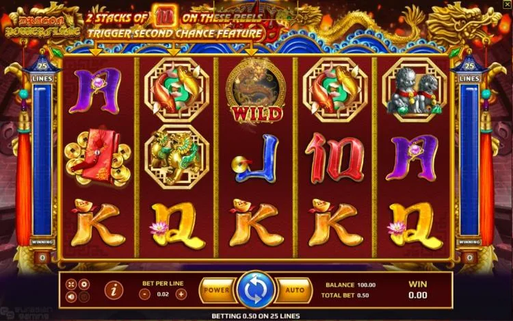 Dragon Powerflame base game showing the 25 LINES panels and a total bet of 0.50