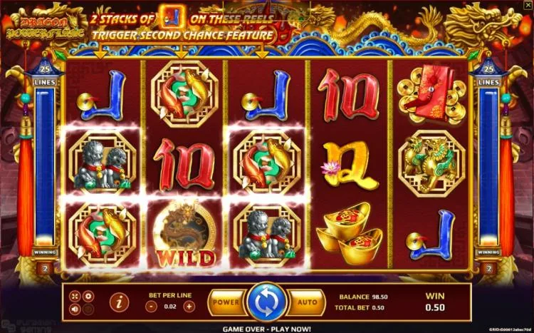 Dragon Powerflame winning spin with a koi and guardian lion combination lit across the 5x3 grid