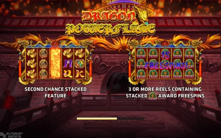 Dragon Powerflame feature panels showing the Second Chance Stack flame column and a 15 FREESPINS award