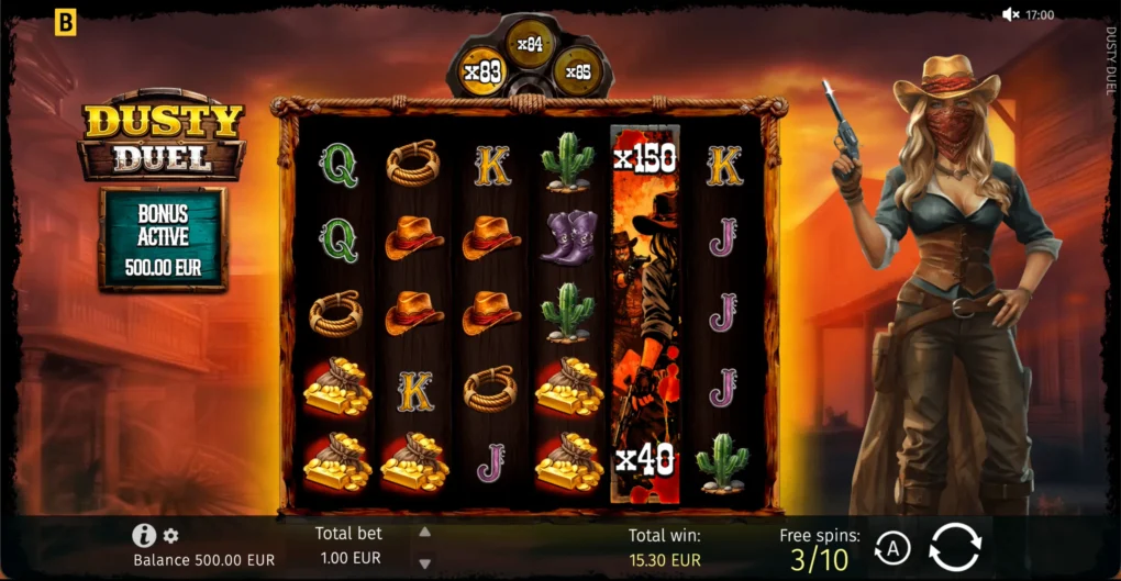 The Dusty Duel free spins round with the multiplier cylinder holding its accumulated value