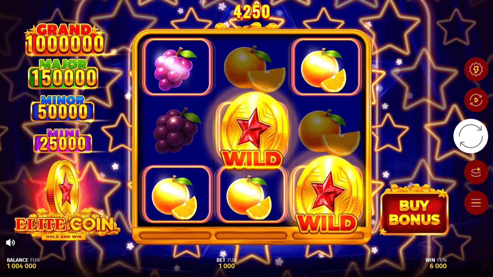 Elite Coin base game with two gold coin wild symbols on the 3x3 grid