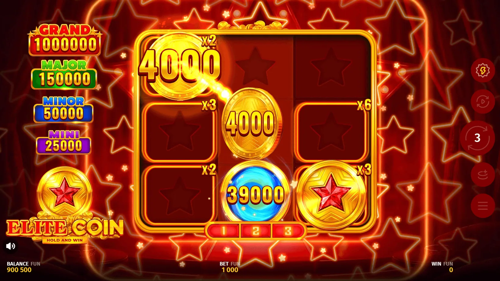 Elite Coin Bonus Game board with locked coins and per-position multipliers