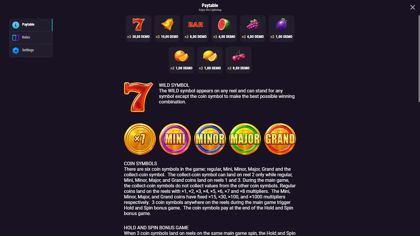 Enjoy the Lightning paytable screen listing all nine symbol values with the WILD and coin symbol rules underneath