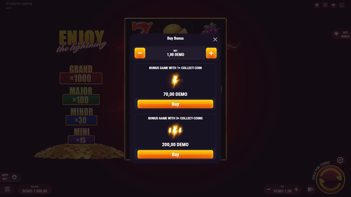 Buy Bonus panel offering a bonus game with 1+ collect-coin at 70 and with 3+ collect-coins at 200 on a 1.00 bet