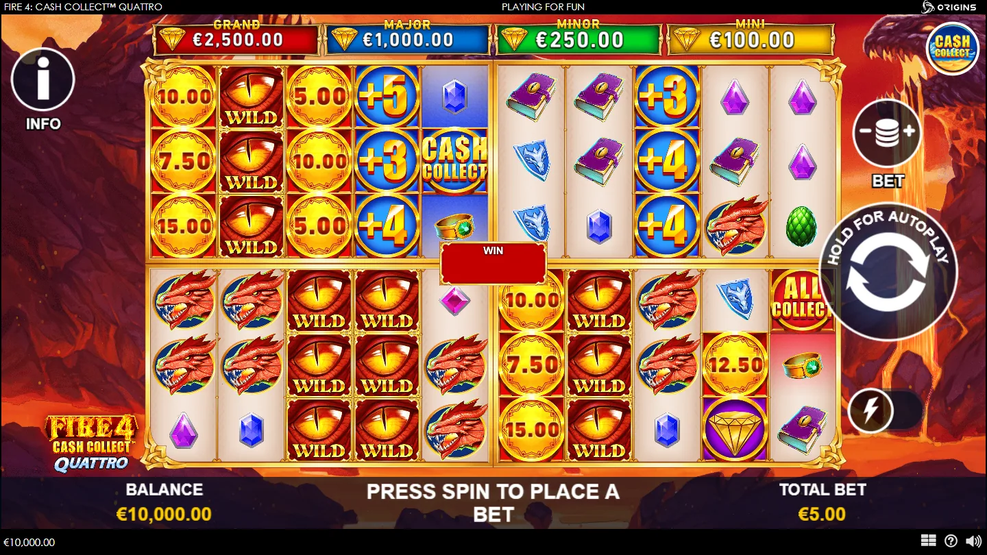 Fire 4 Cash Collect Quattro base game showing four separate 5x3 grids in a two-by-two block with the GRAND, MAJOR, MINOR and MINI prize panels overhead