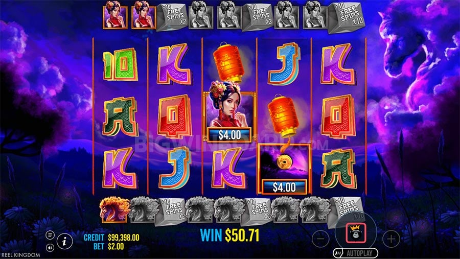 Floating Dragon Wild Horses free spins bonus with collected Money Symbols