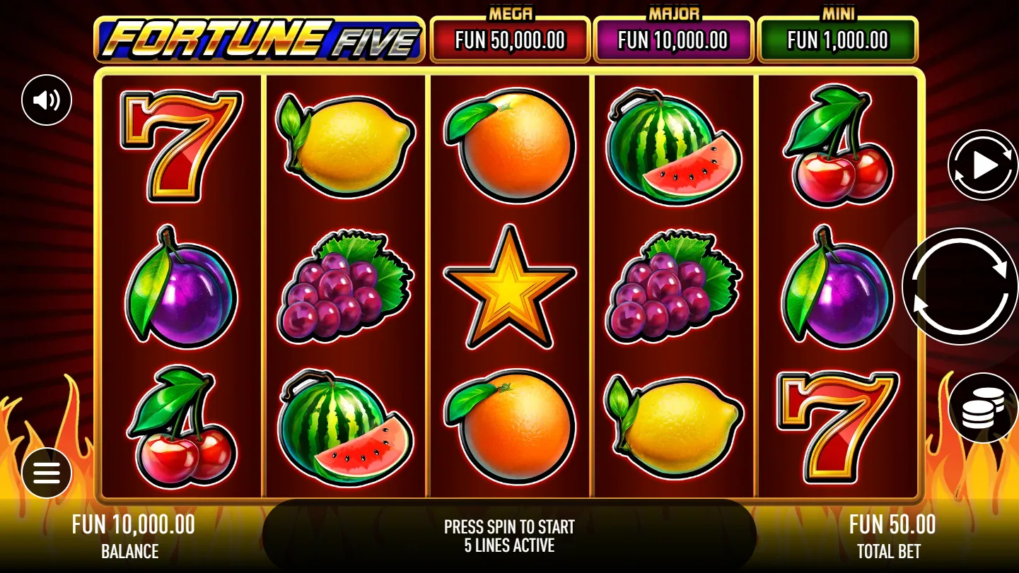 The same Fortune Five screen at a FUN 50.00 total bet, the jackpot bar now reading 50,000 / 10,000 / 1,000