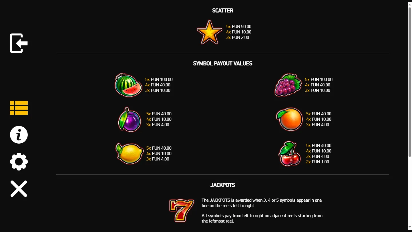 The Fortune Five payout screen: scatter values, the six fruit symbols and the jackpot rule for the red seven