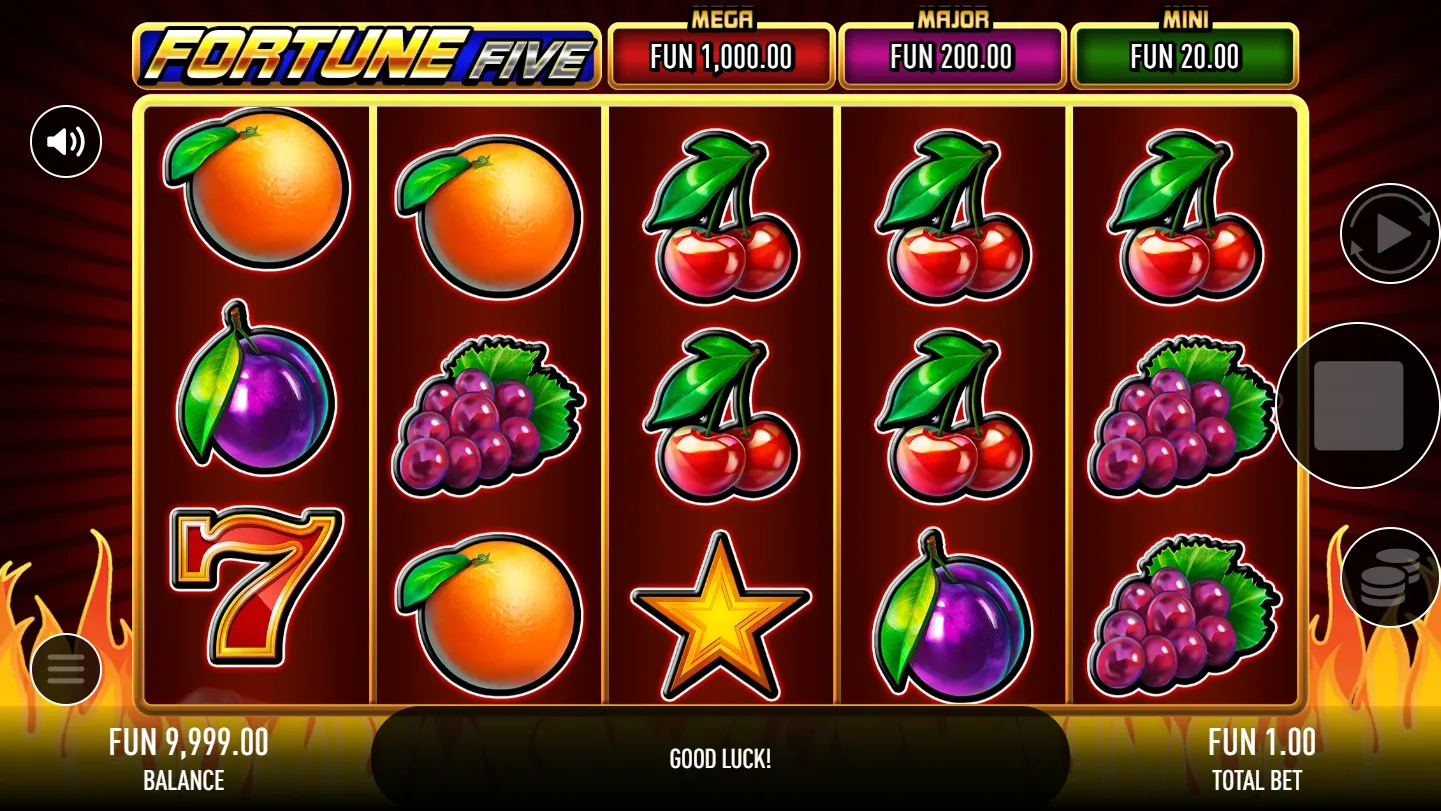 The Fortune Five reels at a FUN 1.00 total bet, with the MEGA 1,000 / MAJOR 200 / MINI 20 jackpot bar above the grid