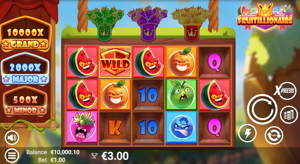 Fruitillionaire base game grid with a Wild on the second reel and the jackpot ladder on the left