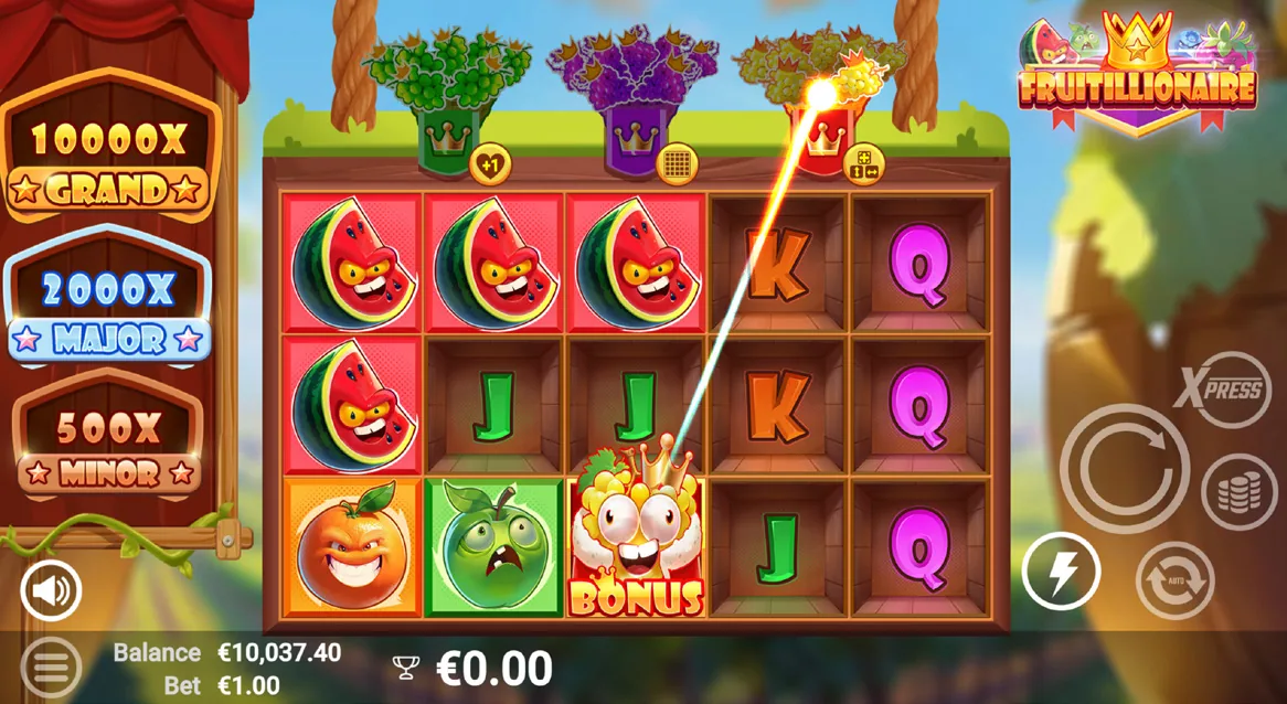 A crowned Bonus symbol firing a beam of light into the yellow grape collector