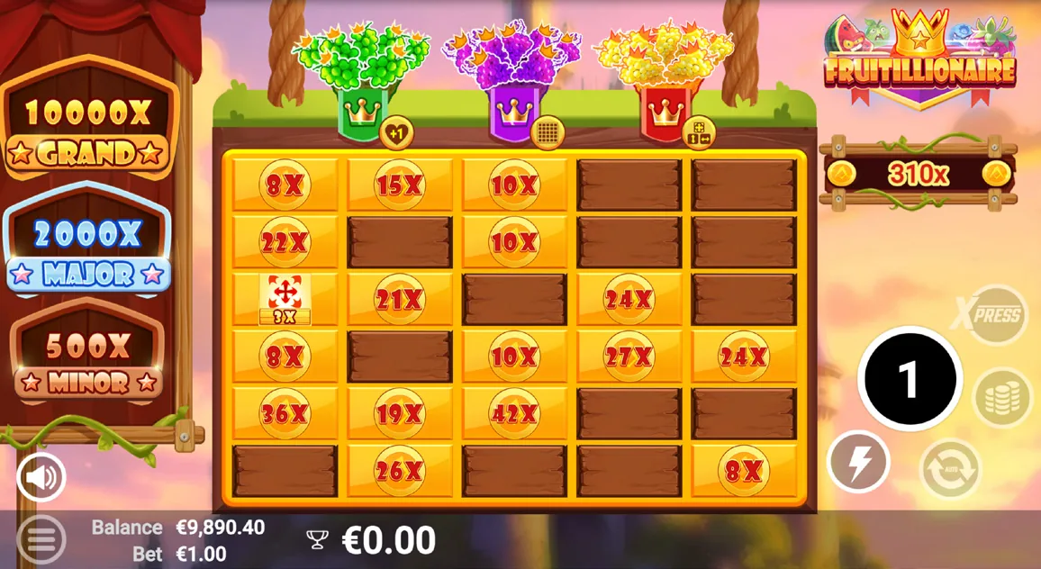 The Fruitillionaire bonus round on the expanded six-row board, covered in coin multipliers