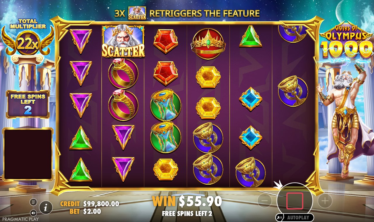 Free spins med Total Multiplier på 22x, två snurr kvar och texten om att tre scatters retriggar funktionen