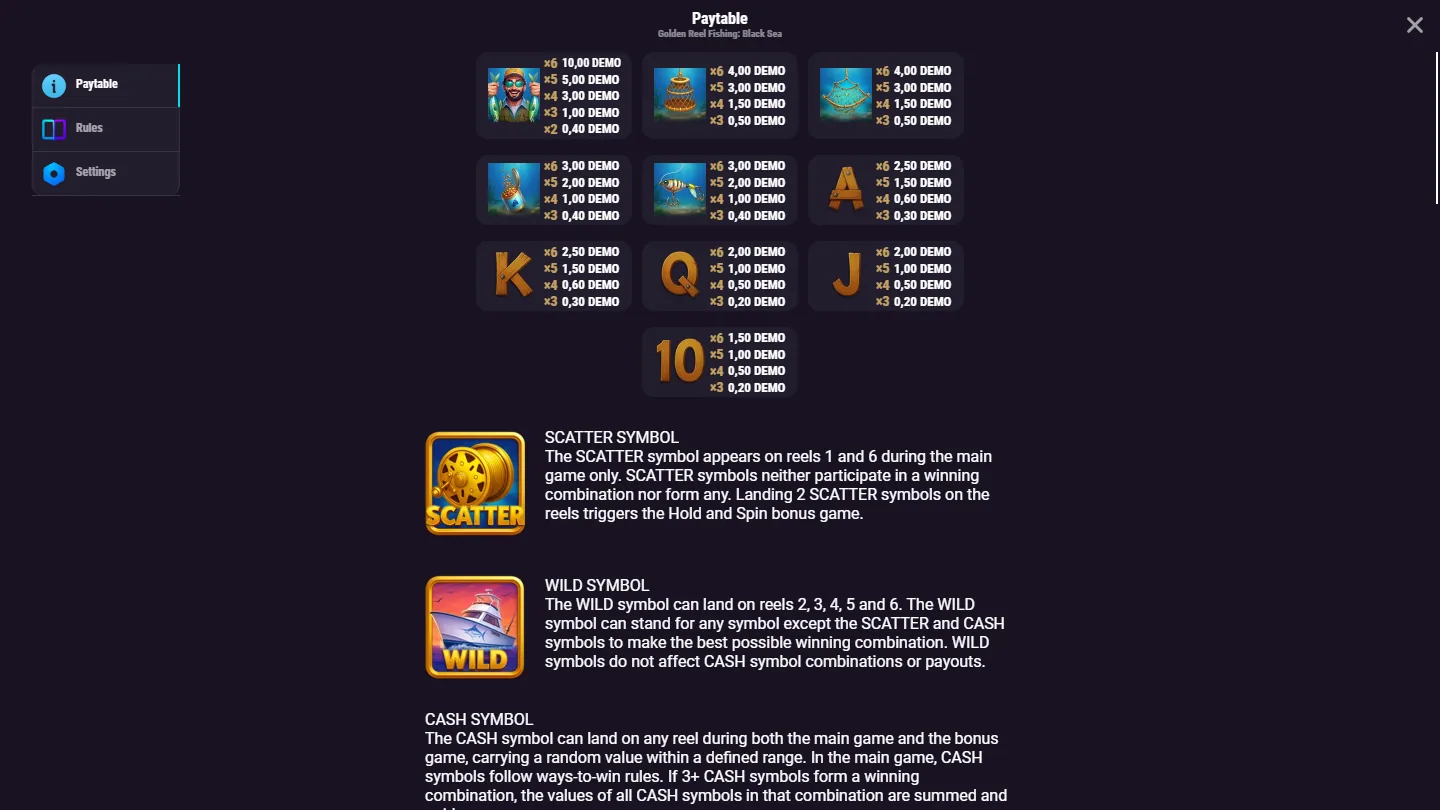 Golden Reel Fishing: Black Sea paytable screen listing every symbol value plus the SCATTER, WILD and CASH rules