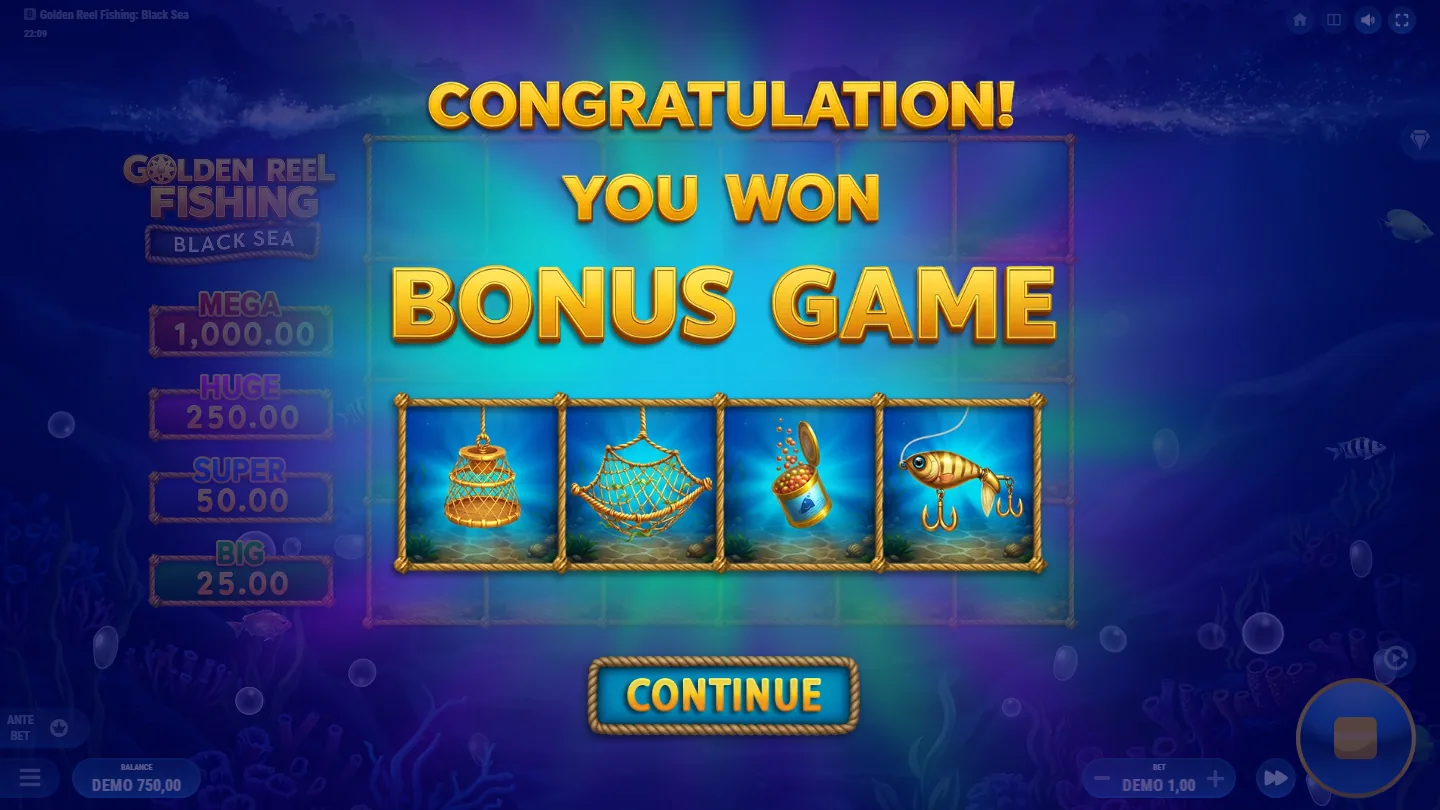 Golden Reel Fishing: Black Sea bonus game award screen showing the four golden boost symbols on a rope-framed grid