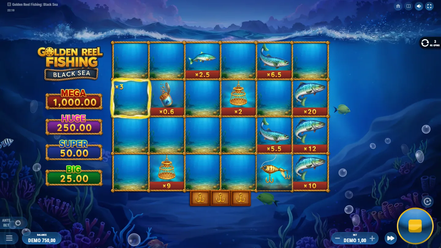 Golden Reel Fishing: Black Sea Hold and Spin bonus in play with cash fish, a multiplier frame and boost symbols on the reels
