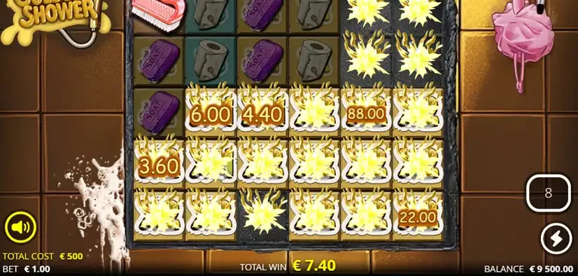 Golden Shower cluster pays slot with yellow tiles and position multipliers on the 6x5 grid