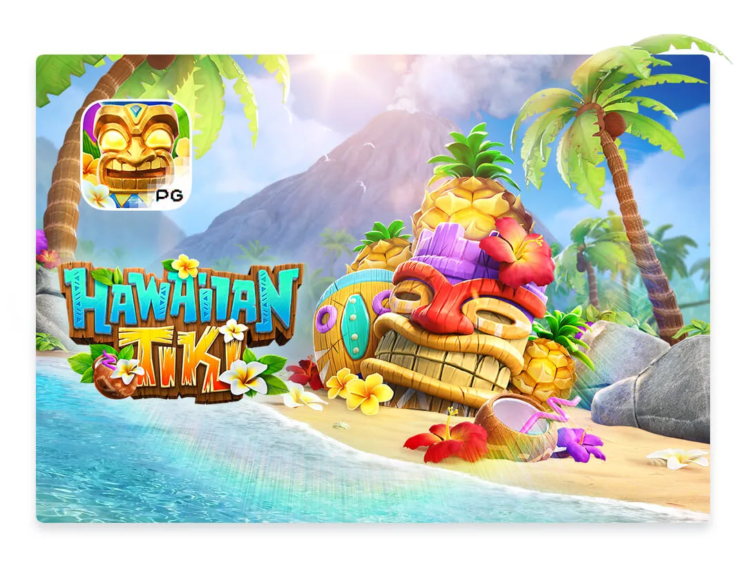 Hawaiian Tiki key art: a carved wooden mask on the sand with pineapples, hibiscus and palms above a turquoise bay