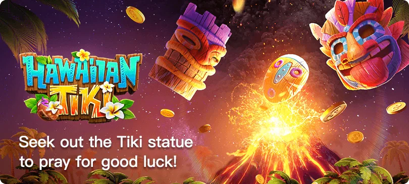 Hawaiian Tiki promotional art with two carved masks and a glowing amulet above an erupting volcano at night